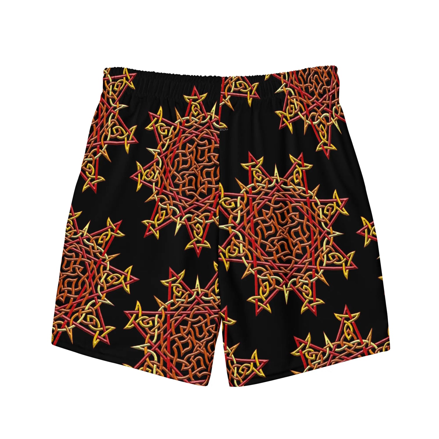 The back side of a pair of Xigfireon graphic swim trunks featuring the Fire Colour Black patterned series of the Morning Star Fire Celtic knot design.