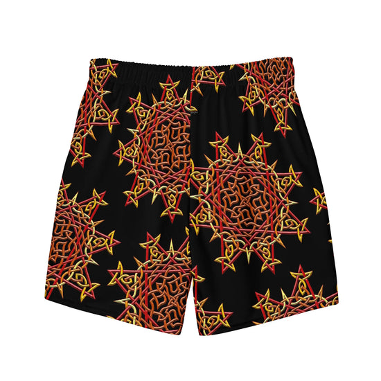 The back side of a pair of Xigfireon graphic swim trunks featuring the Fire Colour Black patterned series of the Morning Star Fire Celtic knot design.