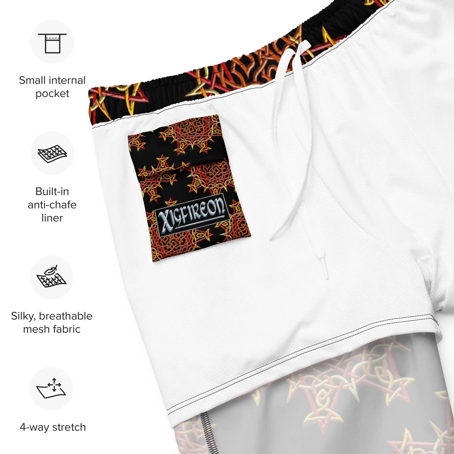 A list of product features beside a photo of the inside of a pair of Xigfireon graphic swim trunks featuring the Fire Colour Black patterned series of the Morning Star Fire Celtic knot design. Features include small internal pocket, built-in anti-chafe liner, silky, breathable mesh fabric, and 4-way stretch. The Xigfireon logo is visible on the inside pocket.