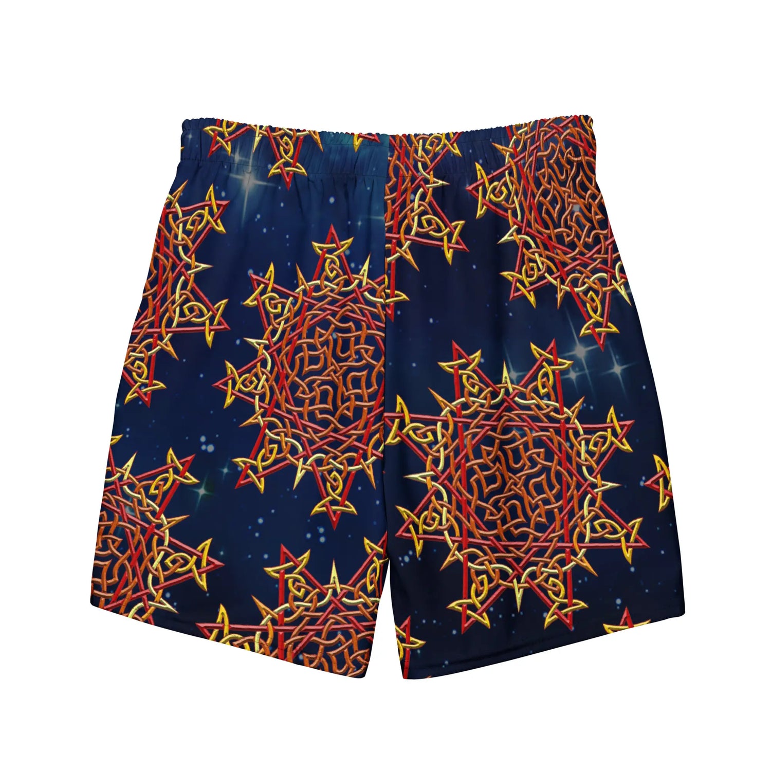 The back side of a pair of Xigfireon graphic swim trunks featuring the Fire Colour Cosmos patterned series of the Morning Star Fire Celtic knot design.