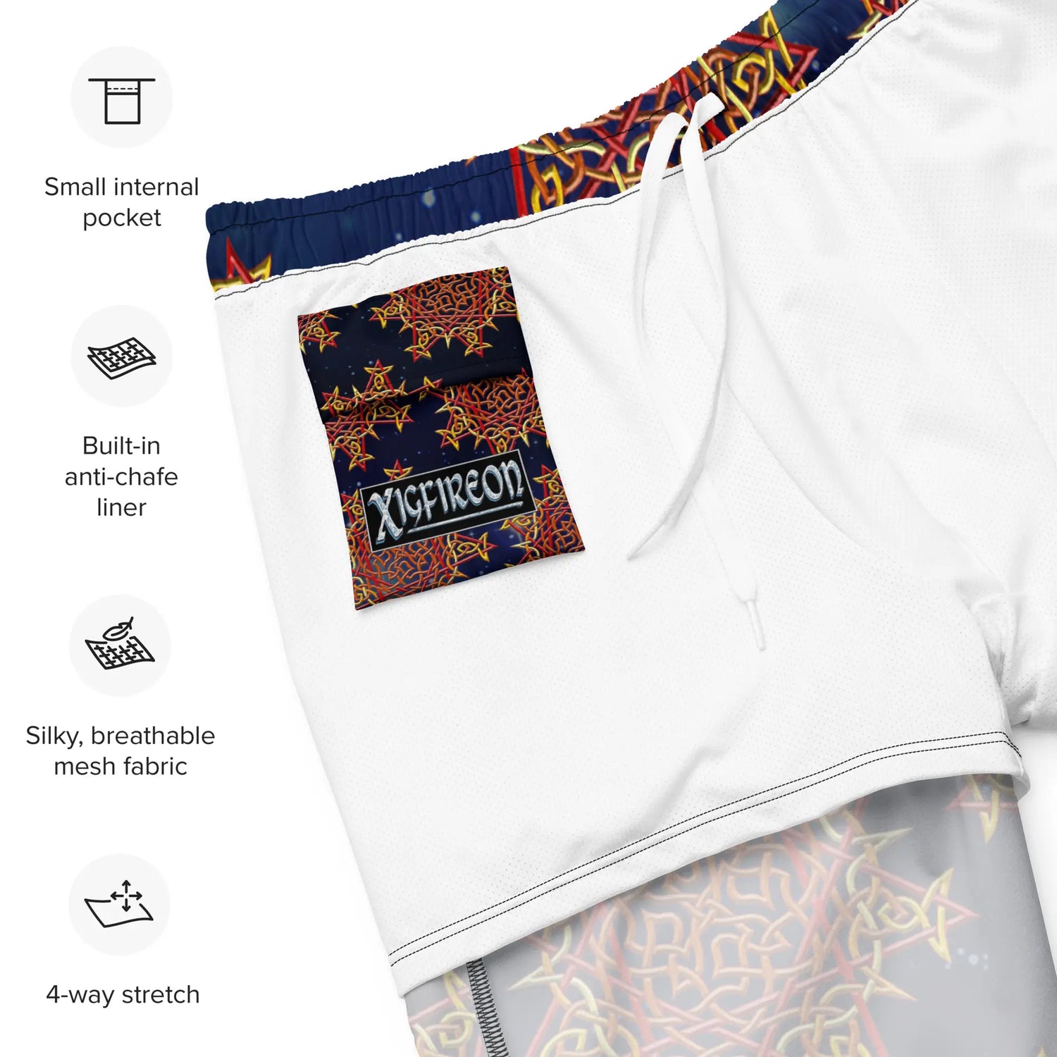 A list of product features beside a photo of the inside of a pair of Xigfireon graphic swim trunks featuring the Fire Colour Cosmos patterned series of the Morning Star Fire Celtic knot design. Features include small internal pocket, built-in anti-chafe liner, silky, breathable mesh fabric, and 4-way stretch. The Xigfireon logo is visible on the inside pocket.