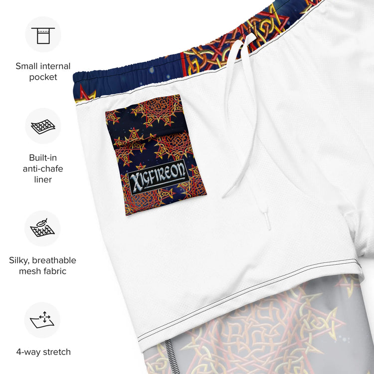 A list of product features beside a photo of the inside of a pair of Xigfireon graphic swim trunks featuring the Fire Colour Cosmos patterned series of the Morning Star Fire Celtic knot design. Features include small internal pocket, built-in anti-chafe liner, silky, breathable mesh fabric, and 4-way stretch. The Xigfireon logo is visible on the inside pocket.