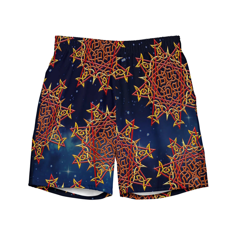 The front side of a pair of Xigfireon graphic swim trunks featuring the Fire Colour Cosmos patterned series of the Morning Star Fire Celtic knot design.