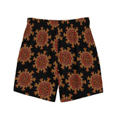 The back side of a pair of Xigfireon graphic swim trunks featuring the Fire Colour Black (small) patterned series of the Morning Star Fire Celtic knot design.