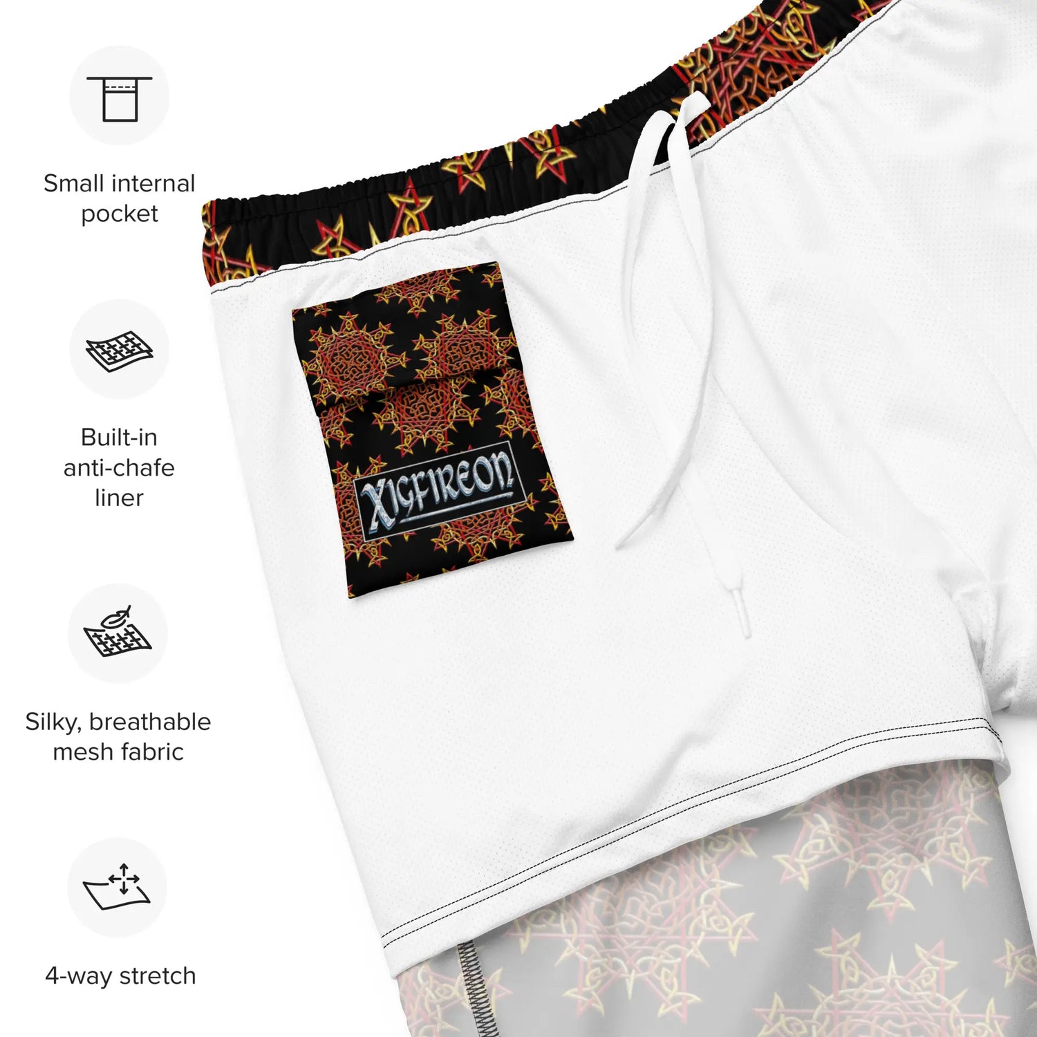 A list of product features beside a photo of the inside of a pair of Xigfireon graphic swim trunks featuring the Fire Colour Black (small) patterned series of the Morning Star Fire Celtic knot design. Features include small internal pocket, built-in anti-chafe liner, silky, breathable mesh fabric, and 4-way stretch. The Xigfireon logo is visible on the inside pocket.