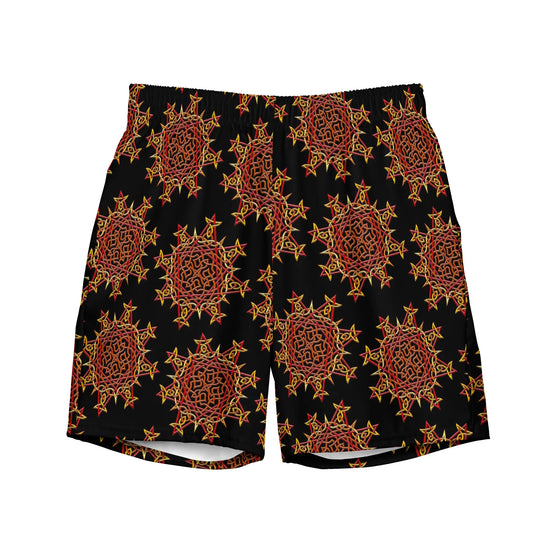 The front side of a pair of Xigfireon graphic swim trunks featuring the Fire Colour Black (small) patterned series of the Morning Star Fire Celtic knot design.