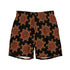 The front side of a pair of Xigfireon graphic swim trunks featuring the Fire Colour Black (small) patterned series of the Morning Star Fire Celtic knot design.