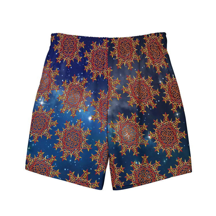The back side of a pair of Xigfireon graphic swim trunks featuring the Fire Colour Cosmos (small) patterned series of the Morning Star Fire Celtic knot design.