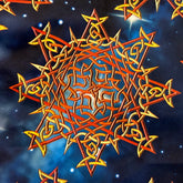 A even closer look at the printed fabric on a pair of Xigfireon graphic swim trunks featuring the Fire Colour Cosmos (Small) patterned series of the Morning Star Fire Celtic knot design.