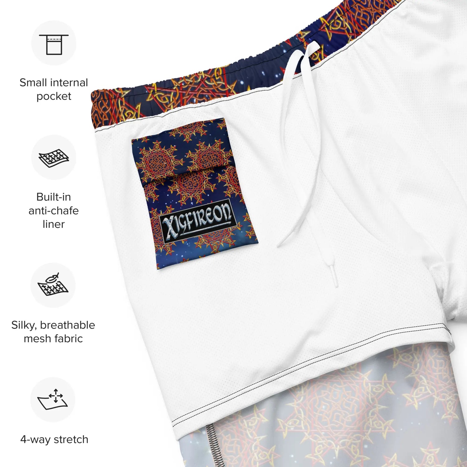 A list of product features beside a photo of the inside of a pair of Xigfireon graphic swim trunks featuring the Fire Colour Cosmos (small) patterned series of the Morning Star Fire Celtic knot design. Features include small internal pocket, built-in anti-chafe liner, silky, breathable mesh fabric, and 4-way stretch. The Xigfireon logo is visible on the inside pocket.