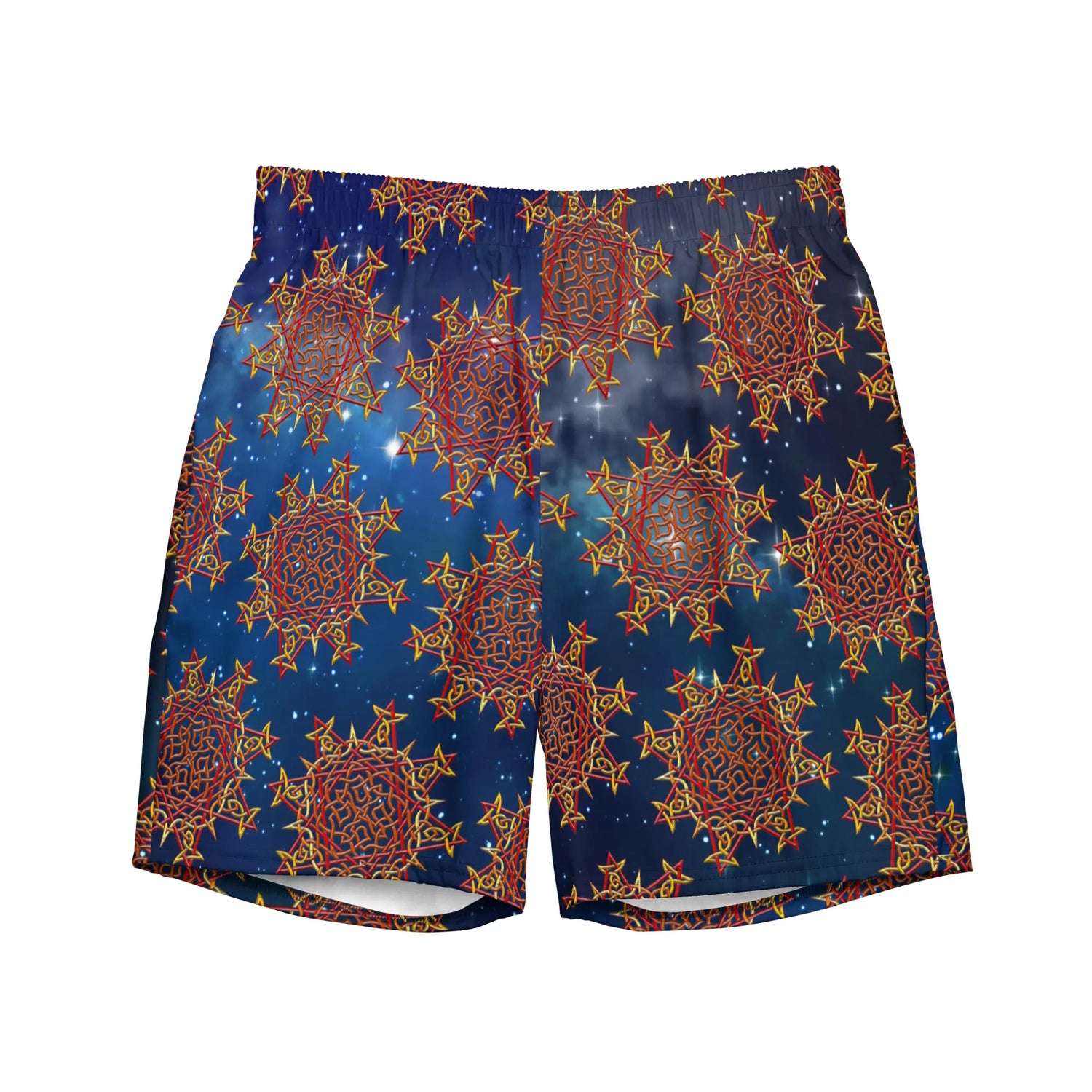 The front side of a pair of Xigfireon graphic swim trunks featuring the Fire Colour Cosmos (small) patterned series of the Morning Star Fire Celtic knot design.
