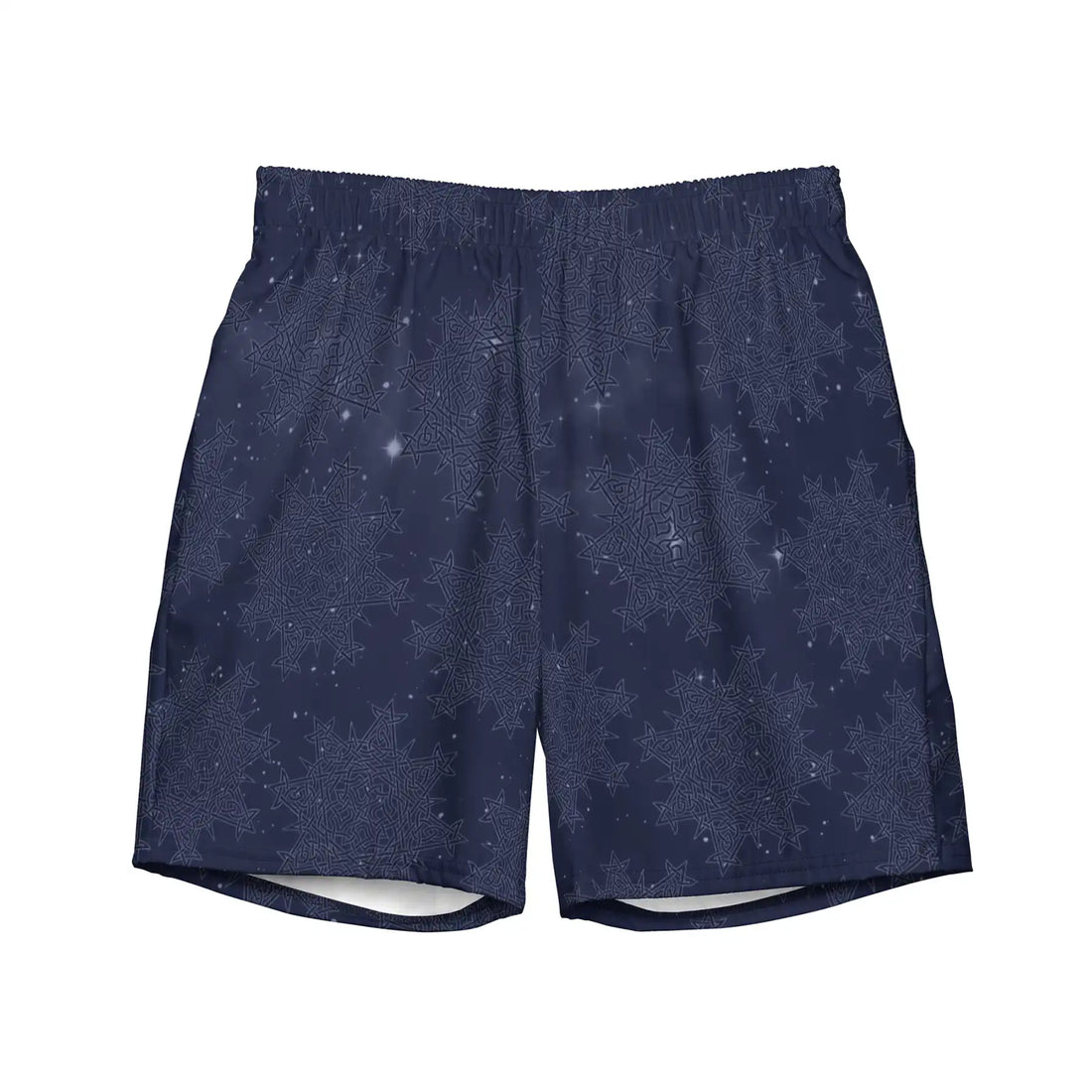 Xigfireon Morning Star Fire Celtic knot swim trunks in Midnight Blue Cosmos.