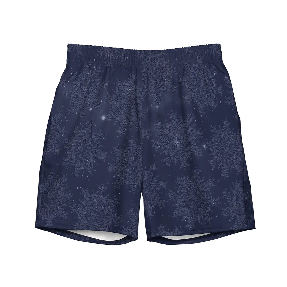 Xigfireon Morning Star Fire Celtic knot swim trunks in Midnight Blue Cosmos.