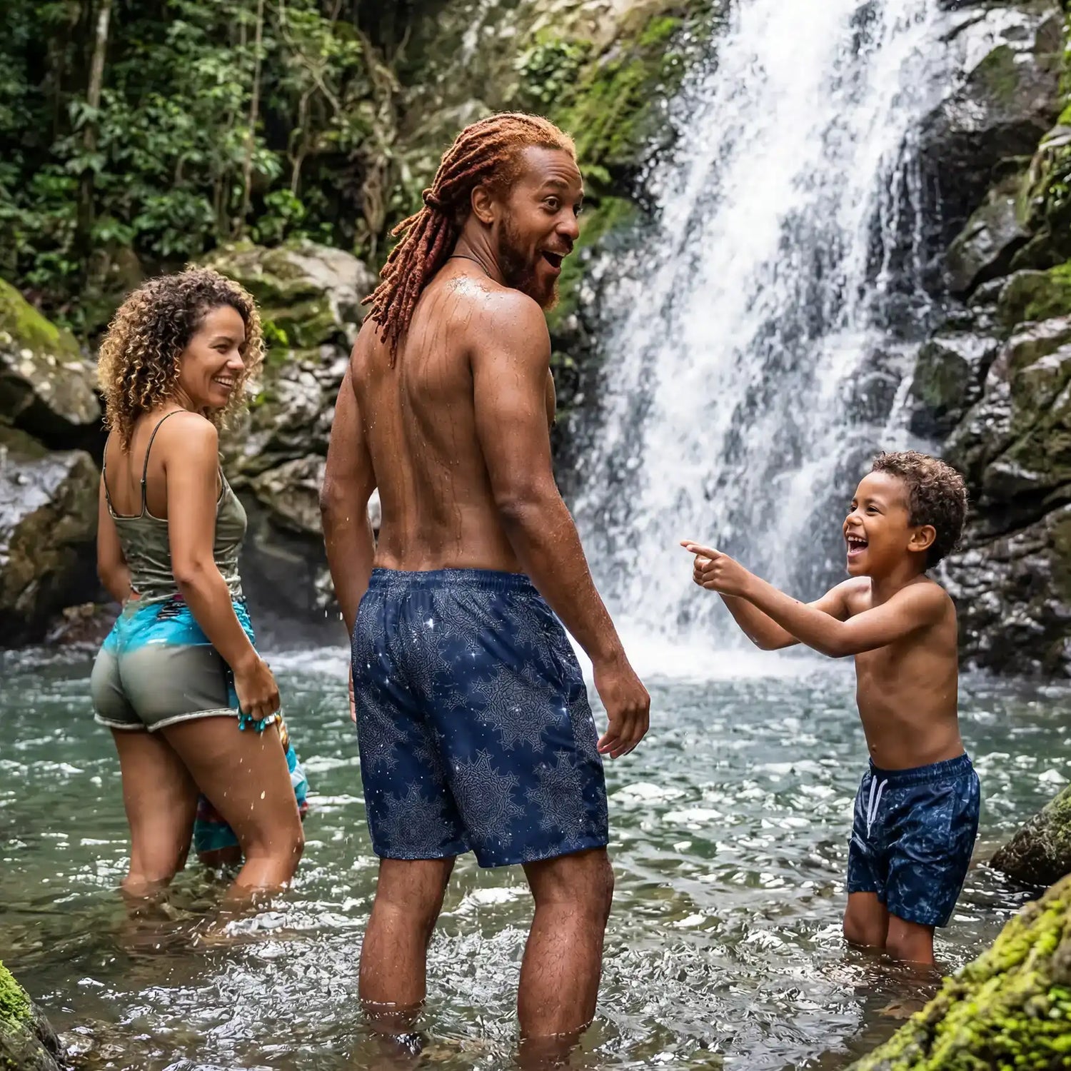 Family of three enjoying a waterfall in a the forest. The father is wearing a pair of Xigfireon Midnight Blue Cosmos `Morning Star Fire` Celtic knot swim trunks.