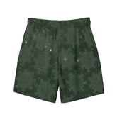 Celtic knot swim trunks by Xigfireon, shown from the back, featuring the Midnight Red Cosmos patterned series of the `Morning Star Fire` design.