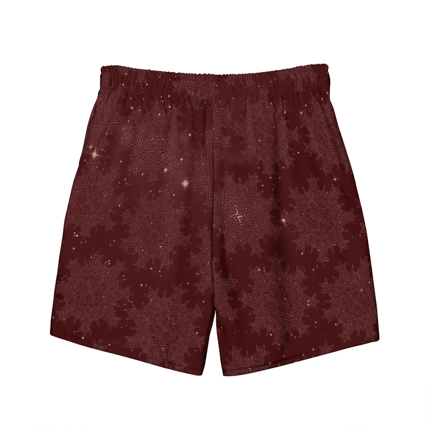 Celtic knot swim trunks by Xigfireon, shown from the back, featuring the Midnight Red Cosmos patterned series of the `Morning Star Fire` design.