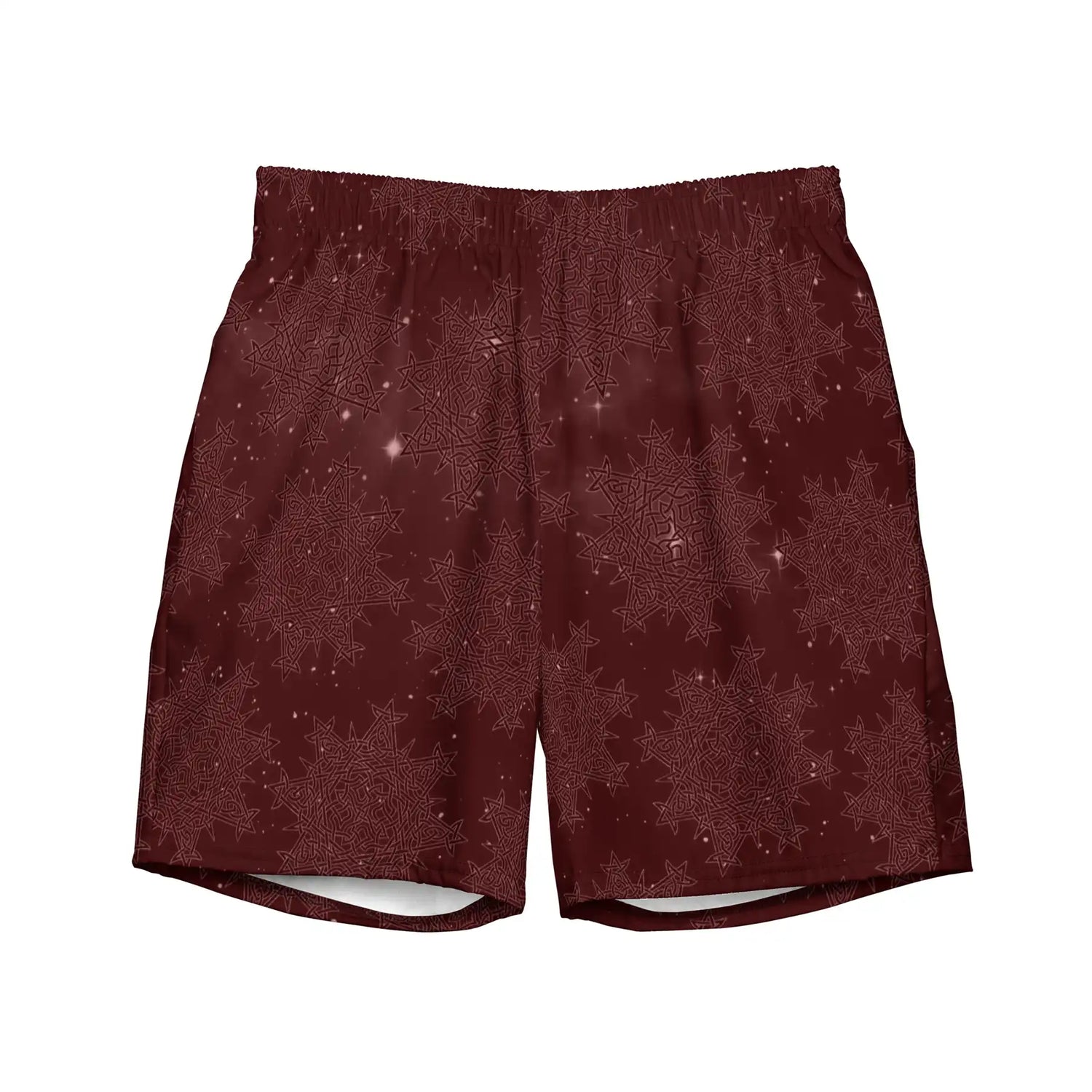 Celtic knot swim trunks by Xigfireon featuring the Midnight Red Cosmos patterned series of the `Morning Star Fire` design.