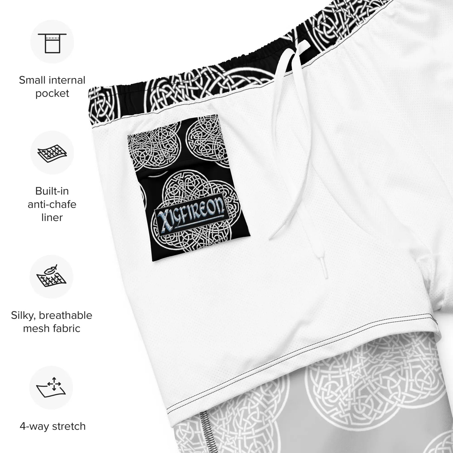 A list of product features beside a photo of the inside of a pair of Xigfireon graphic swim trunks featuring the Black & White Solid Black patterned series of the Reach Of The Spirit Celtic knot design. Features include small internal pocket, built-in anti-chafe liner, silky, breathable mesh fabric, and 4-way stretch. The Xigfireon logo is visible on the inside pocket.