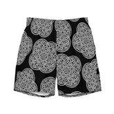 A pair of Xigfireon graphic swim trunks featuring the Black & White Solid Black patterned series of the Reach Of The Spirit Celtic knot design.
