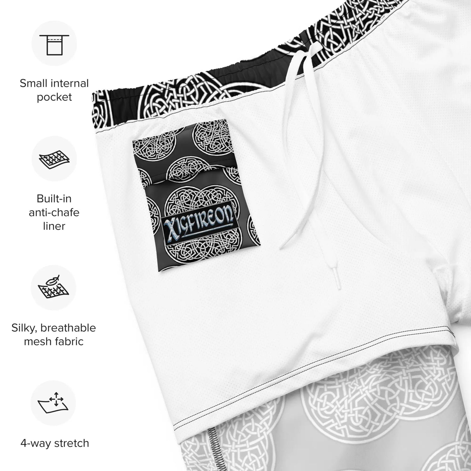 A list of product features beside a photo of the inside of a pair of Xigfireon graphic swim trunks featuring the Black & White Solid Forest patterned series of the Reach Of The Spirit Celtic knot design. Features include small internal pocket, built-in anti-chafe liner, silky, breathable mesh fabric, and 4-way stretch. The Xigfireon logo is visible on the inside pocket.