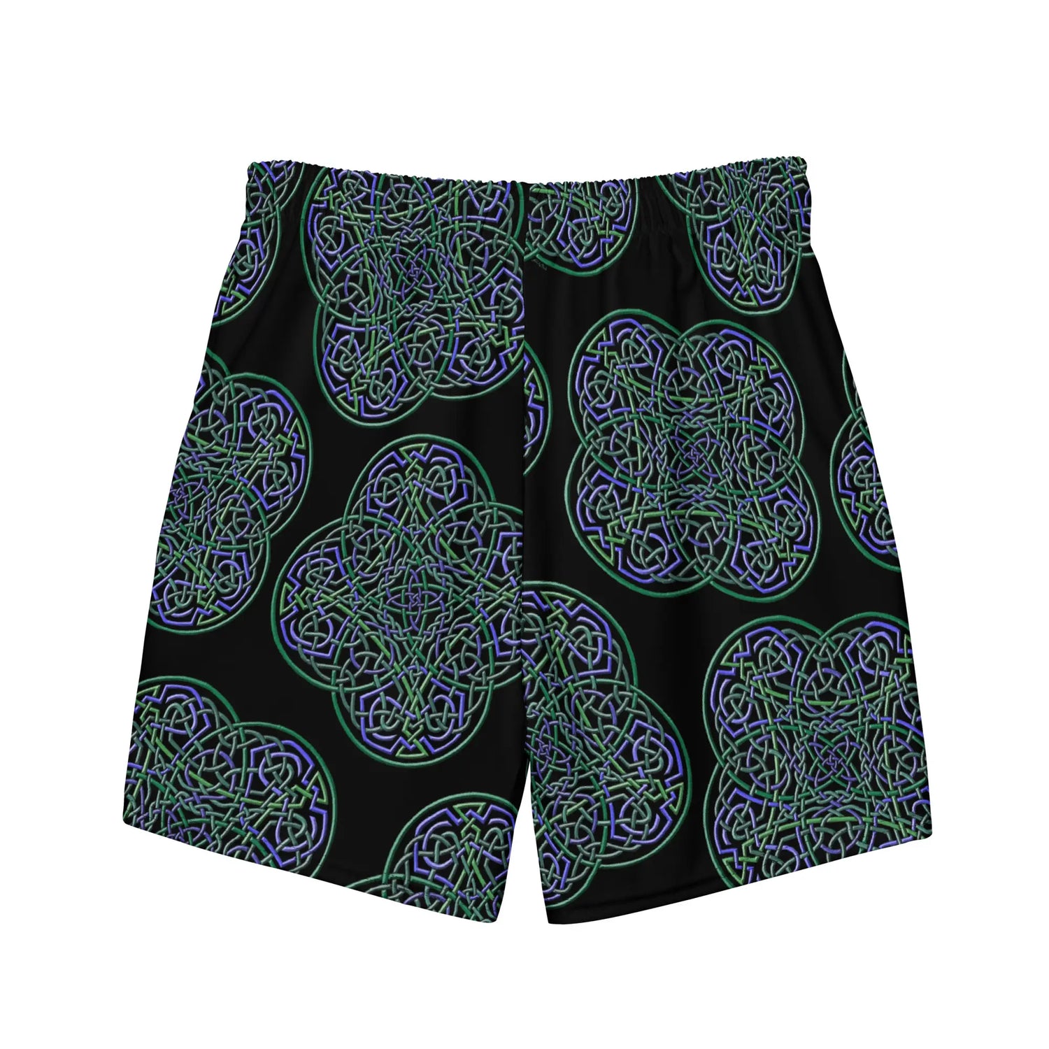 The back side of a pair of Xigfireon graphic swim trunks featuring the Living Colour Black patterned series of the Reach Of The Spirit Celtic knot design.