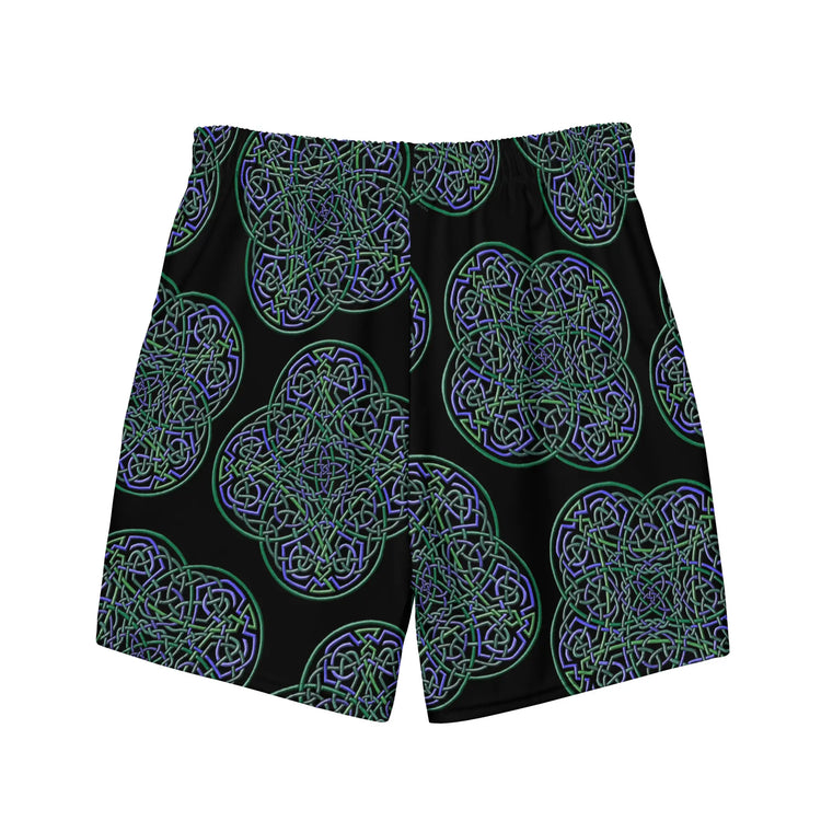 The back side of a pair of Xigfireon graphic swim trunks featuring the Living Colour Black patterned series of the Reach Of The Spirit Celtic knot design.