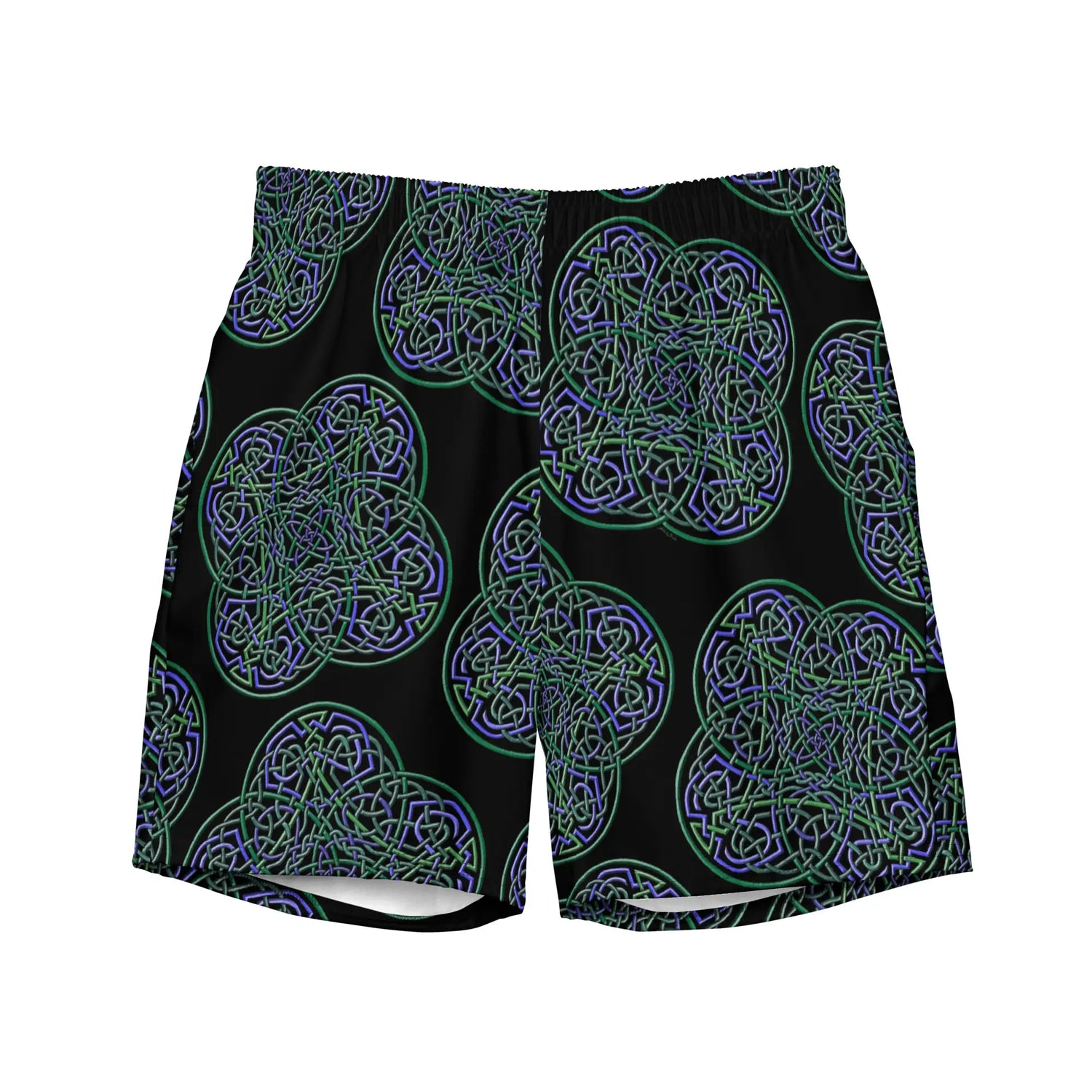 The front side of a pair of Xigfireon graphic swim trunks featuring the Living Colour Black patterned series of the Reach Of The Spirit Celtic knot design.