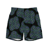The front side of a pair of Xigfireon graphic swim trunks featuring the Living Colour Black patterned series of the Reach Of The Spirit Celtic knot design.