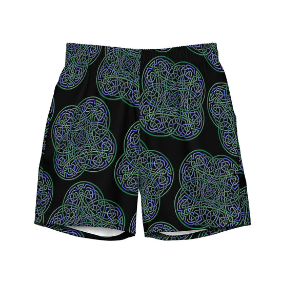 The front side of a pair of Xigfireon graphic swim trunks featuring the Living Colour Black patterned series of the Reach Of The Spirit Celtic knot design.