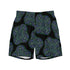 The front side of a pair of Xigfireon graphic swim trunks featuring the Living Colour Black patterned series of the Reach Of The Spirit Celtic knot design.