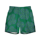The front side of a pair of Xigfireon graphic swim trunks featuring the Living Colour Forest patterned series of the Reach Of The Spirit Celtic knot design.