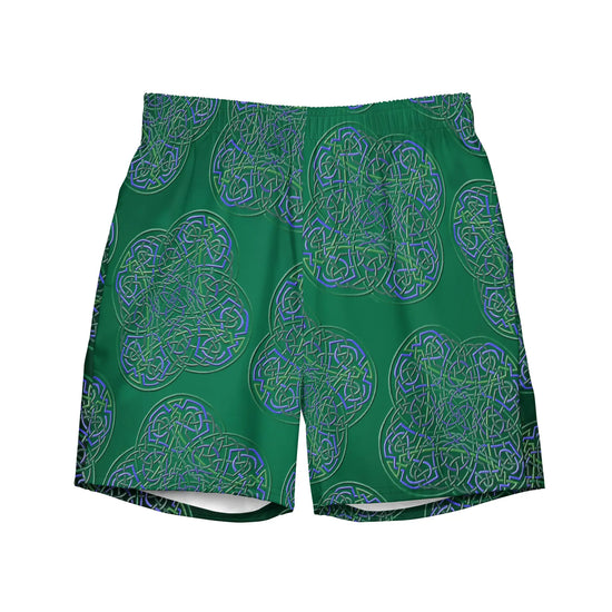 The front side of a pair of Xigfireon graphic swim trunks featuring the Living Colour Forest patterned series of the Reach Of The Spirit Celtic knot design.