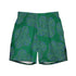 The front side of a pair of Xigfireon graphic swim trunks featuring the Living Colour Forest patterned series of the Reach Of The Spirit Celtic knot design.