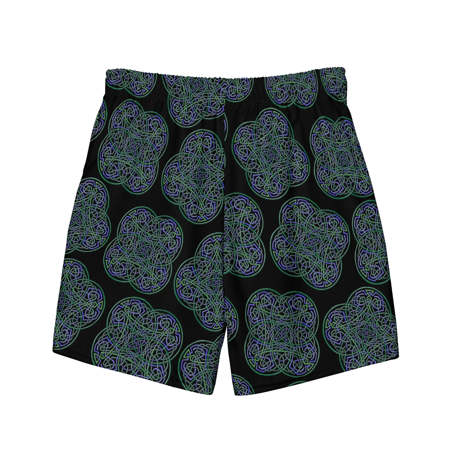 The back side of a pair of Xigfireon graphic swim trunks featuring the Living Colour Black (small) patterned series of the Reach Of The Spirit Celtic knot design.