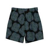 The back side of a pair of Xigfireon graphic swim trunks featuring the Living Colour Black (small) patterned series of the Reach Of The Spirit Celtic knot design.
