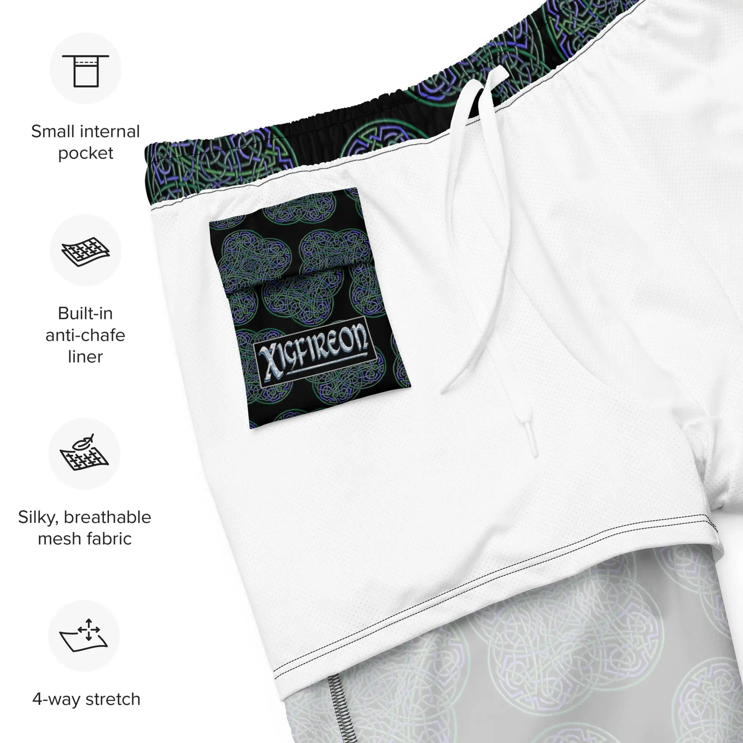 A list of product features beside a photo of the inside of a pair of Xigfireon graphic swim trunks featuring the Living Colour Black (small) patterned series of the Reach Of The Spirit Celtic knot design. Features include small internal pocket, built-in anti-chafe liner, silky, breathable mesh fabric, and 4-way stretch. The Xigfireon logo is visible on the inside pocket.
