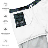 A list of product features beside a photo of the inside of a pair of Xigfireon graphic swim trunks featuring the Living Colour Black (small) patterned series of the Reach Of The Spirit Celtic knot design. Features include small internal pocket, built-in anti-chafe liner, silky, breathable mesh fabric, and 4-way stretch. The Xigfireon logo is visible on the inside pocket.