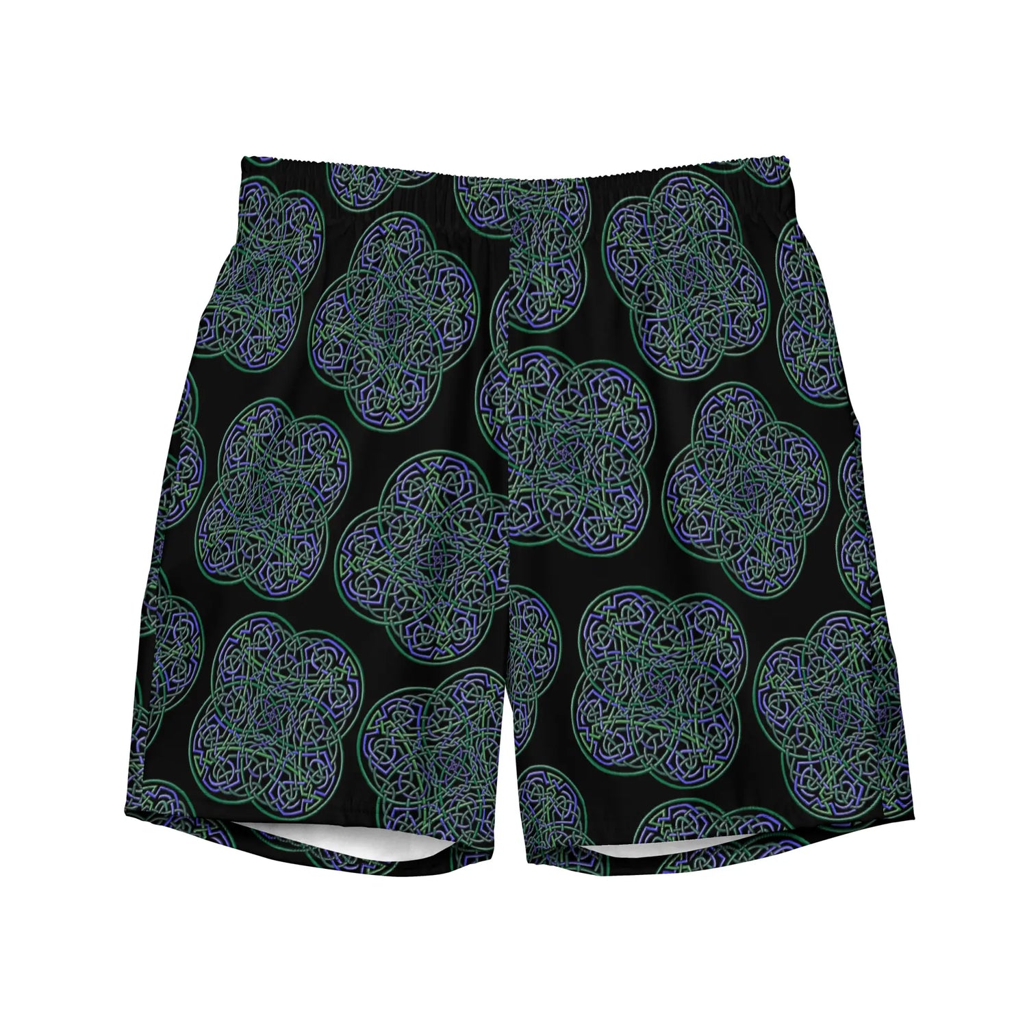 The front side of a pair of Xigfireon graphic swim trunks featuring the Living Colour Black (small) patterned series of the Reach Of The Spirit Celtic knot design.