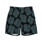 The front side of a pair of Xigfireon graphic swim trunks featuring the Living Colour Black (small) patterned series of the Reach Of The Spirit Celtic knot design.