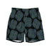 The front side of a pair of Xigfireon graphic swim trunks featuring the Living Colour Black (small) patterned series of the Reach Of The Spirit Celtic knot design.