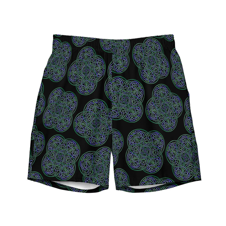 The front side of a pair of Xigfireon graphic swim trunks featuring the Living Colour Black (small) patterned series of the Reach Of The Spirit Celtic knot design.