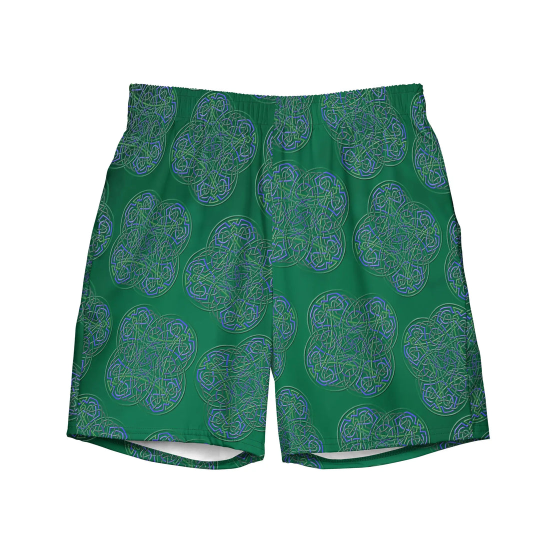 The front side of a pair of Xigfireon graphic swim trunks featuring the Living Colour Forest (small) patterned series of the Reach Of The Spirit Celtic knot design.