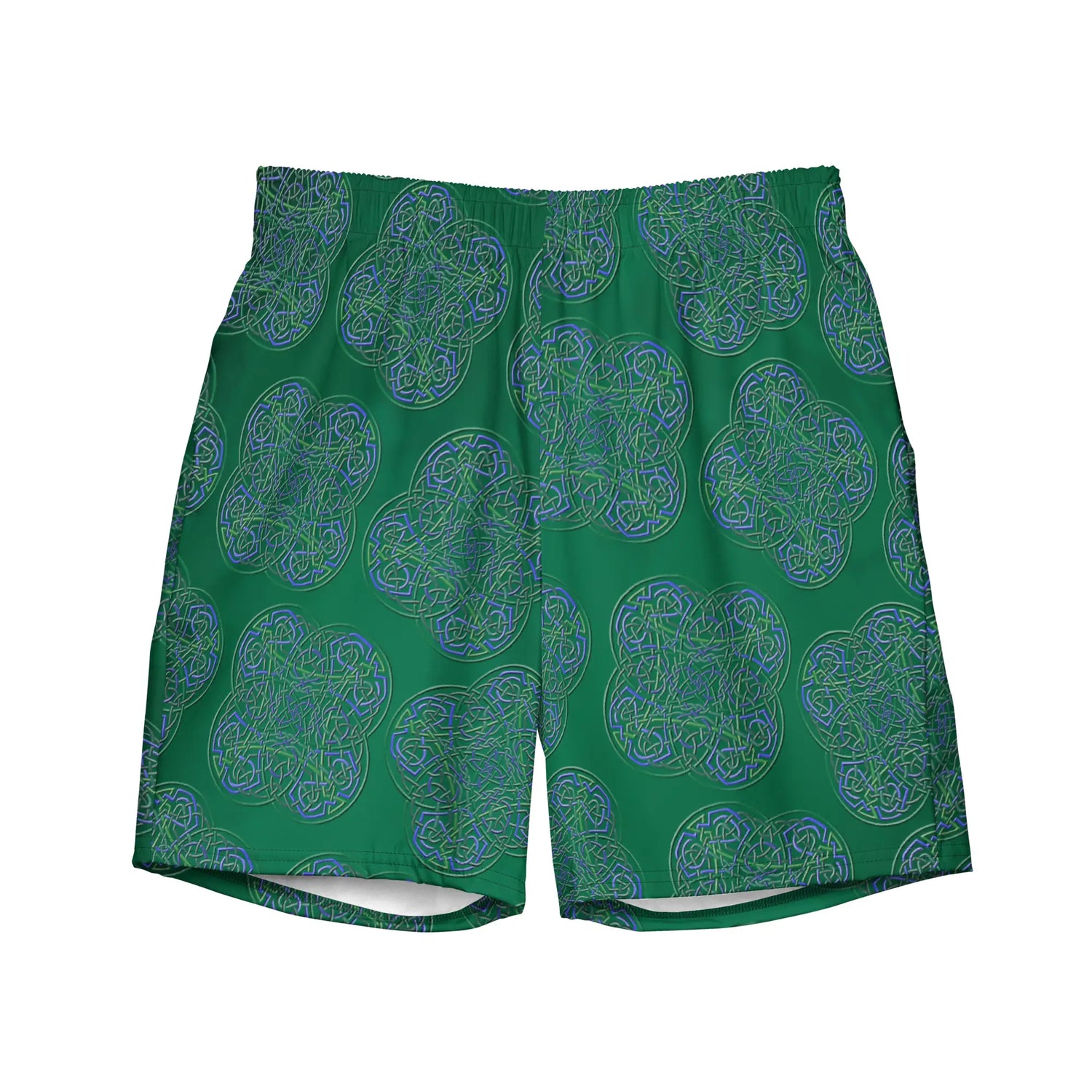 The front side of a pair of Xigfireon graphic swim trunks featuring the Living Colour Forest (small) patterned series of the Reach Of The Spirit Celtic knot design.