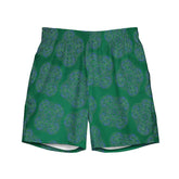 The front side of a pair of Xigfireon graphic swim trunks featuring the Living Colour Forest (small) patterned series of the Reach Of The Spirit Celtic knot design.