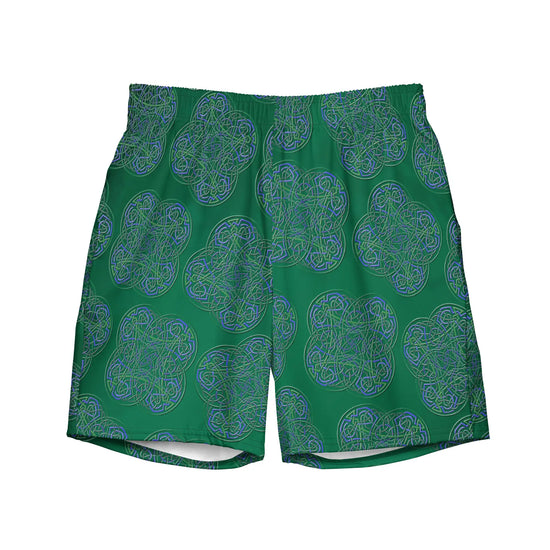 The front side of a pair of Xigfireon graphic swim trunks featuring the Living Colour Forest (small) patterned series of the Reach Of The Spirit Celtic knot design.