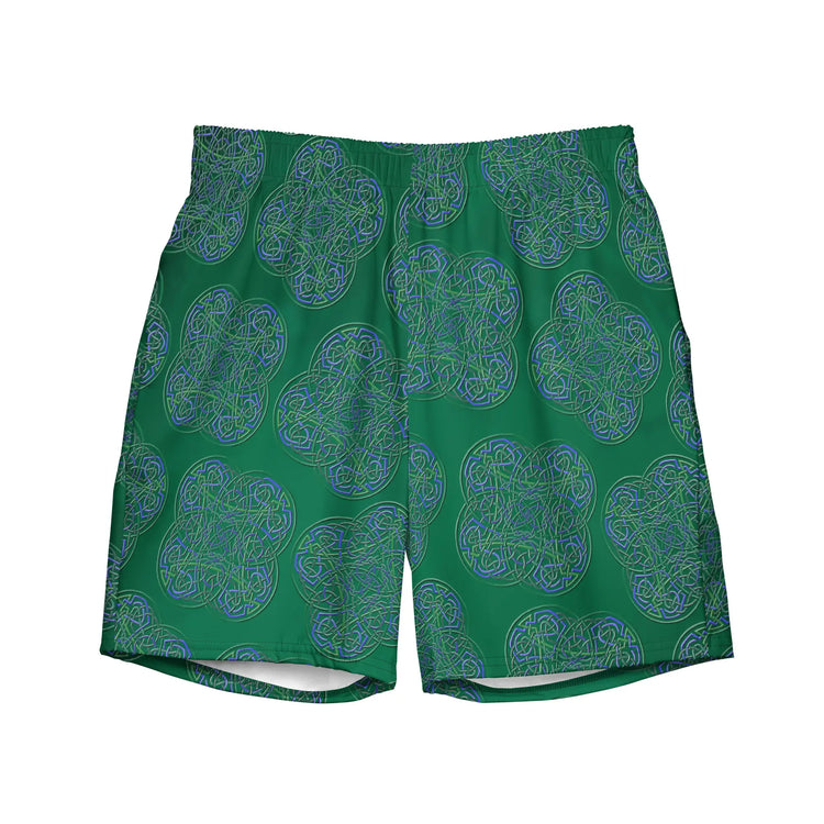 The front side of a pair of Xigfireon graphic swim trunks featuring the Living Colour Forest (small) patterned series of the Reach Of The Spirit Celtic knot design.