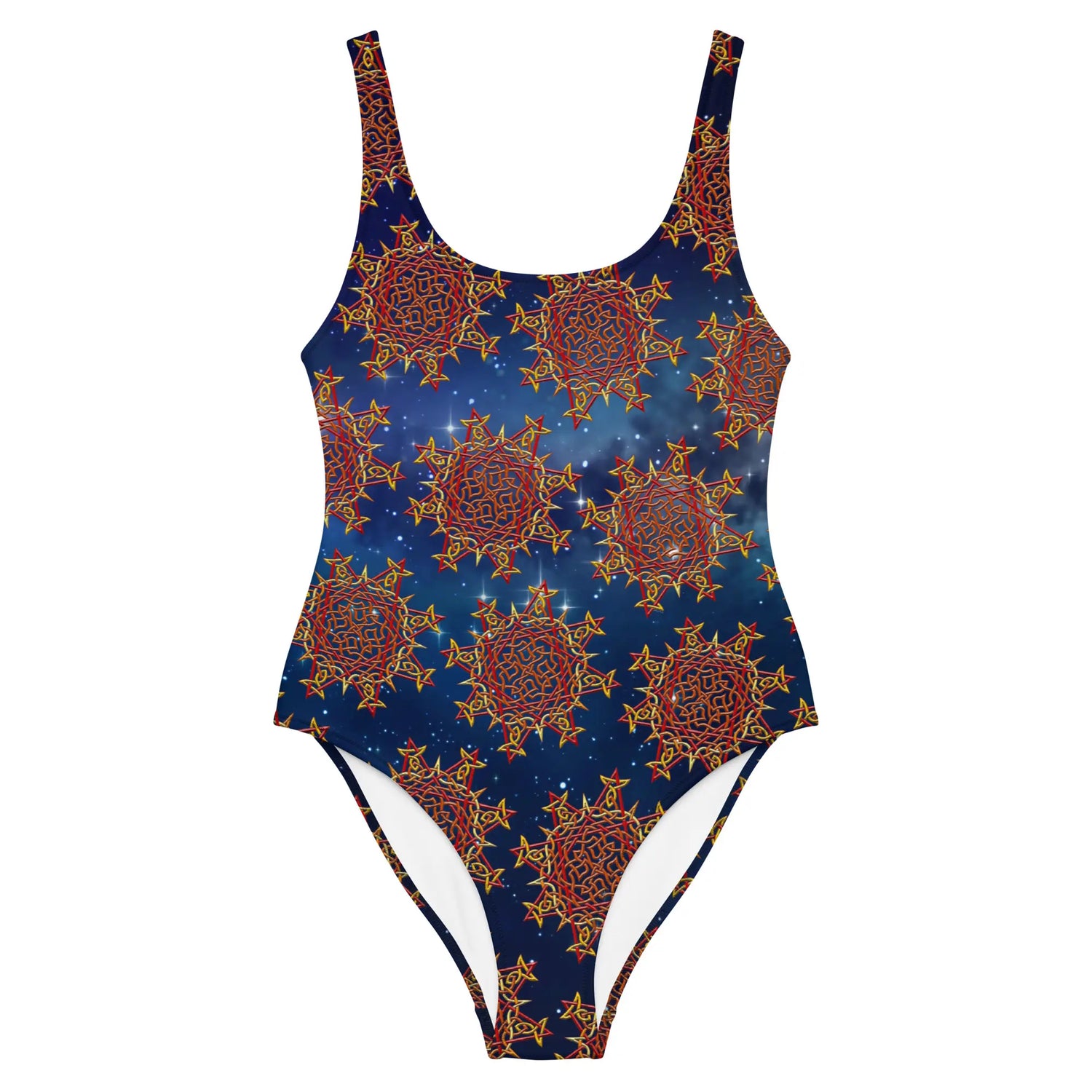 The front side of a Xigfireon graphic swimsuit featuring the Fire Colour Solid Cosmos (small) patterned series of the Morning Star Fire Celtic knot design.