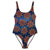 The front side of a Xigfireon graphic swimsuit featuring the Fire Colour Solid Cosmos (small) patterned series of the Morning Star Fire Celtic knot design.