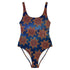 The front side of a Xigfireon graphic swimsuit featuring the Fire Colour Solid Cosmos (small) patterned series of the Morning Star Fire Celtic knot design.