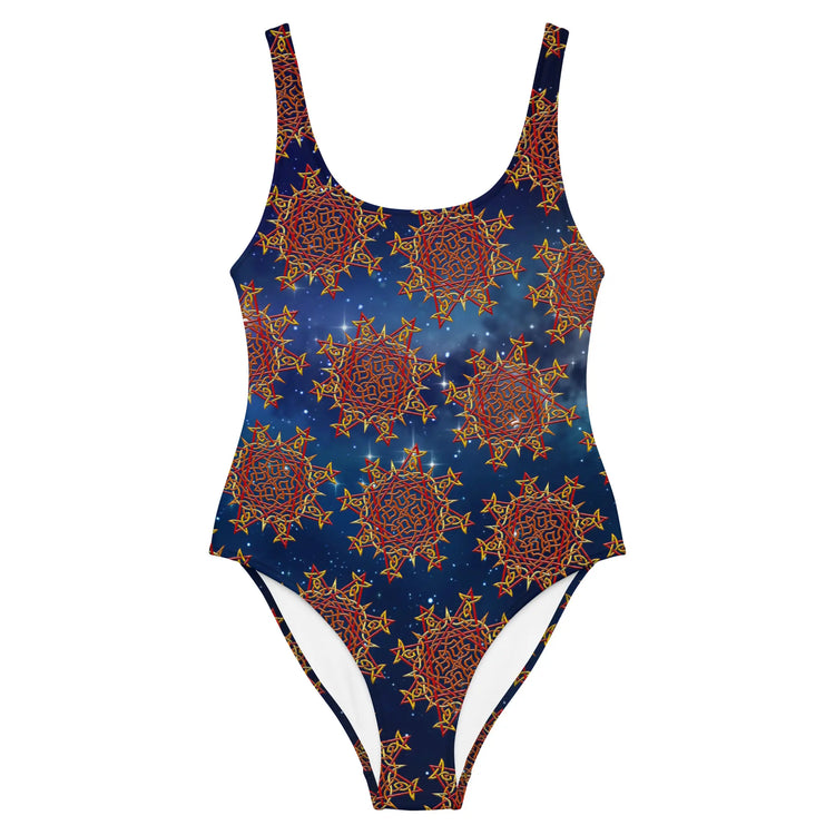 The front side of a Xigfireon graphic swimsuit featuring the Fire Colour Solid Cosmos (small) patterned series of the Morning Star Fire Celtic knot design.